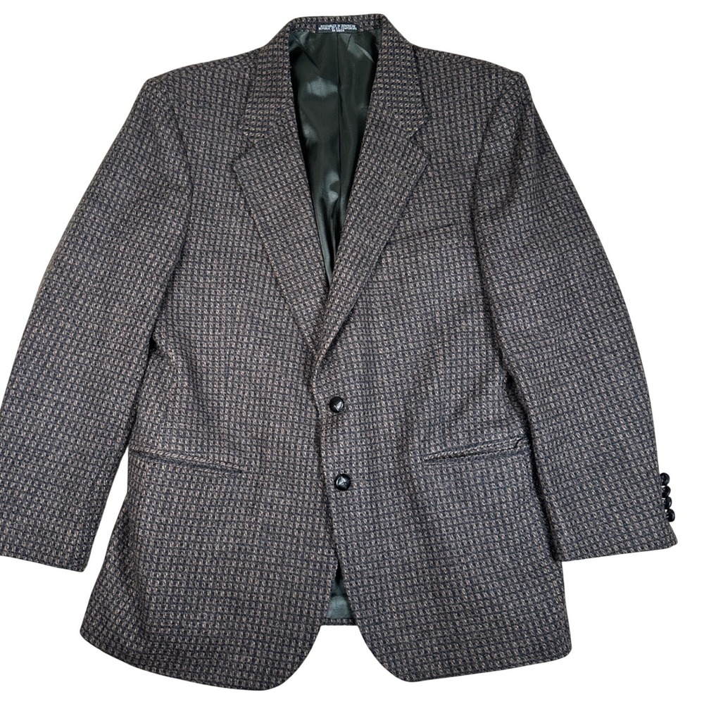 CR & Company Mens 46R Wool Blazer Brown Blue Micro Check Tweed Sport Coat Jacket